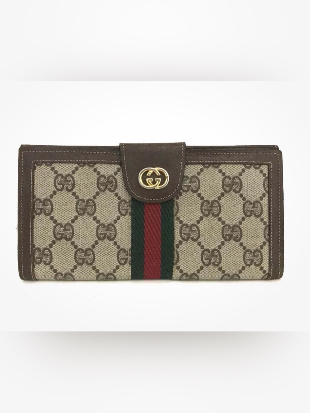 Authentic Vintage Gucci Monogram Continental Wallet with Green and Red Strip
